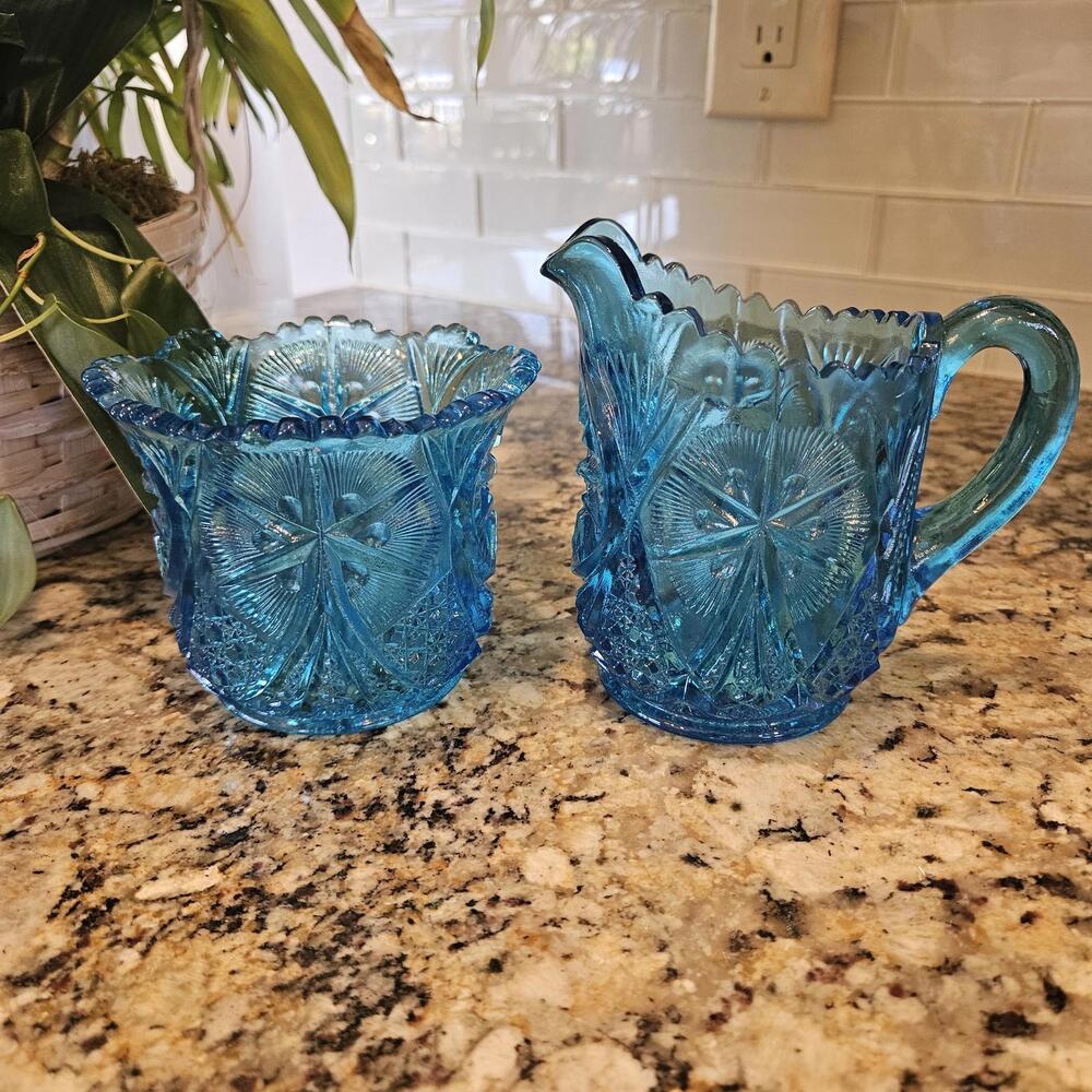 Vintage Kemple McKee Yutec Pattern Blue Pressed Creamer & Open Sugar